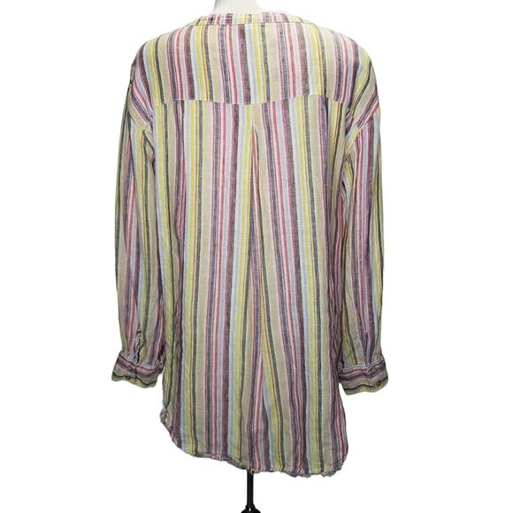 Elan Popover Top Large 100% Linen Striped Long Sleeve Split V Neck - Picture 3 of 10